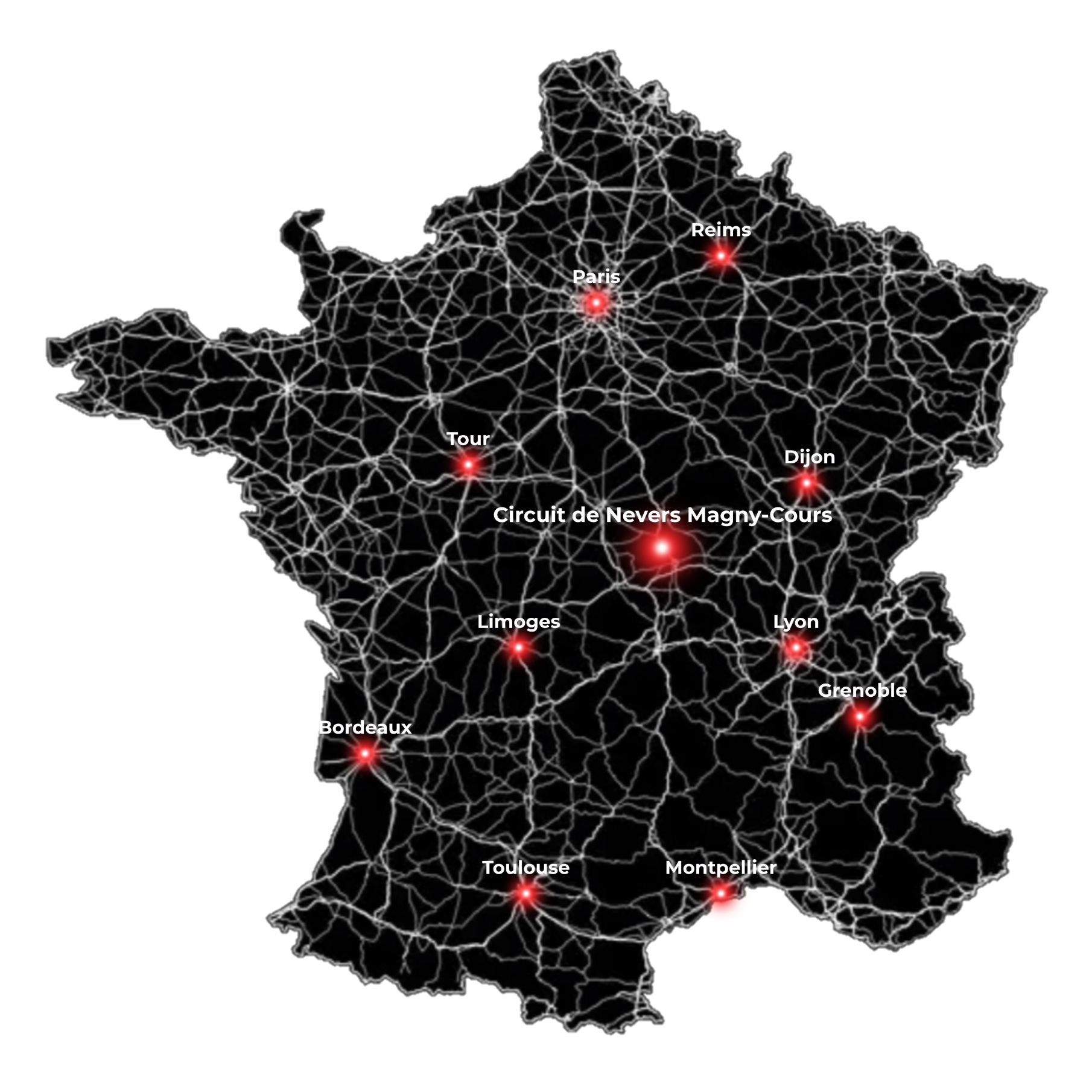 Carte noire avec les villes principale autour de magny-cours